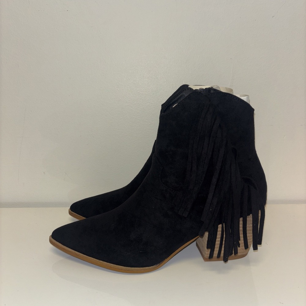 Beast Fashion Womens Black Fringe Ankle Boots Pointed Toe Block Heel Sz 8.5 NEW - Picture 3 of 9